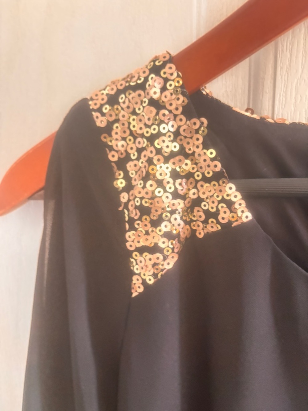 Sequin Hearts Black Chiffon Shift Dress Gold Sequin Shoulder Small - Picture 4 of 7